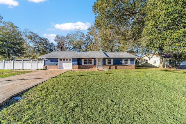 single story home featuring brick siding, fence, a garage, driveway, and a front lawn