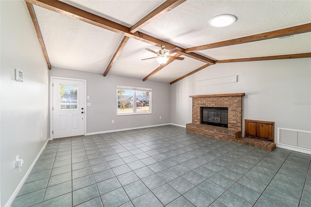 unfurnished living room featuring visible vents, vaulted ceiling with beams, a textured ceiling, and a fireplace