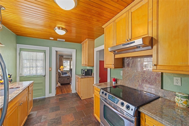 kitchen featuring wood ceiling, stainless steel range with electric stovetop, stone countertops, and backsplash