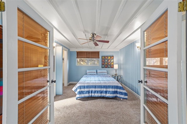 bedroom featuring carpet floors, french doors, and ceiling fan