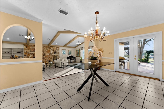 interior space featuring light tile patterned floors, visible vents, lofted ceiling, french doors, and a notable chandelier