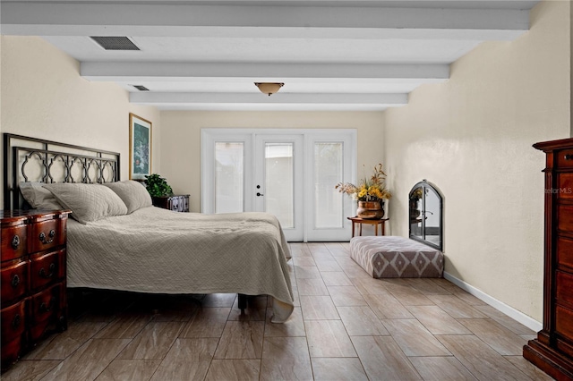 bedroom featuring baseboards, visible vents, beamed ceiling, access to exterior, and french doors