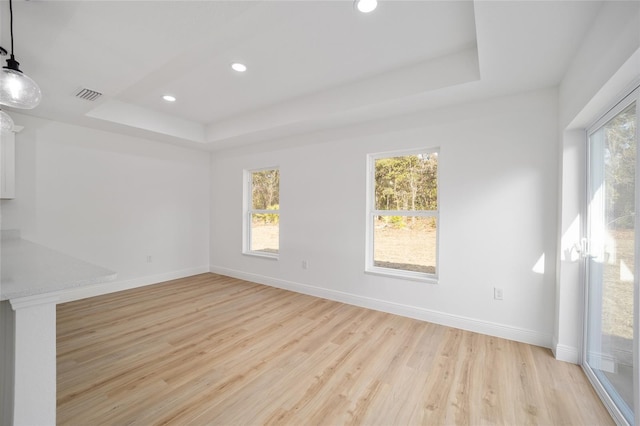 interior space featuring a tray ceiling and light hardwood / wood-style floors