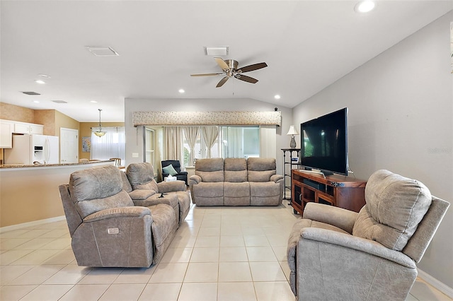 tiled living room with vaulted ceiling and ceiling fan