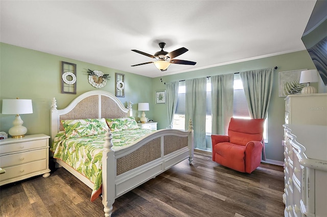 bedroom featuring dark wood-type flooring and ceiling fan