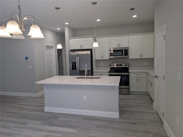 kitchen with hanging light fixtures, white cabinetry, appliances with stainless steel finishes, and a kitchen island with sink