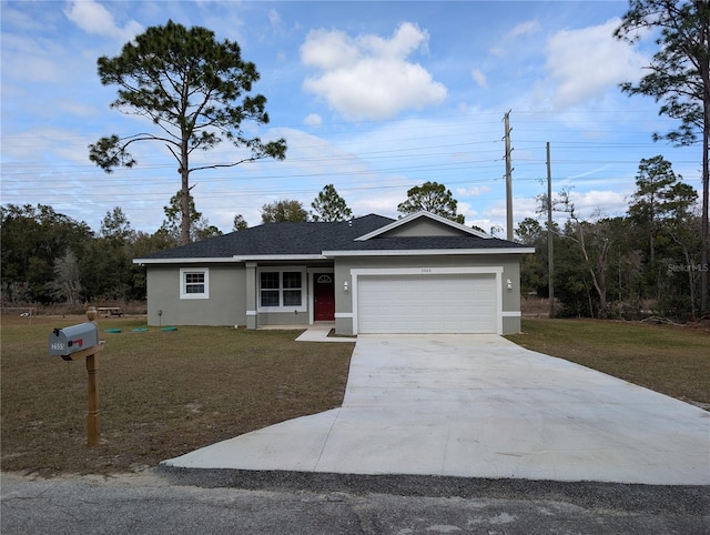 ranch-style home featuring a garage and a front lawn