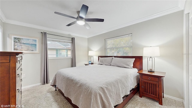 carpeted bedroom with crown molding, ceiling fan, and multiple windows