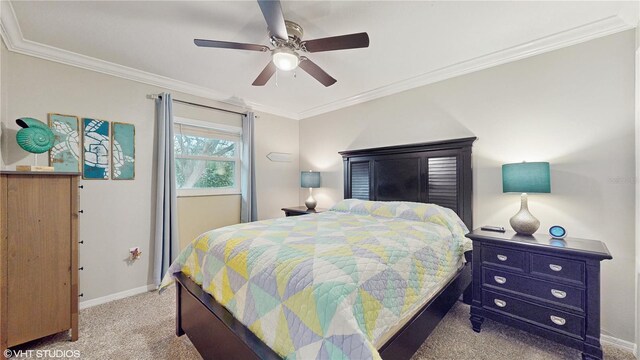 bedroom featuring ceiling fan, baseboards, light carpet, and ornamental molding