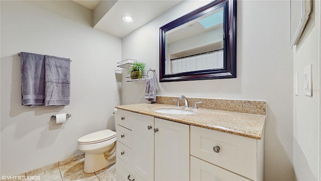 full bath featuring tile patterned floors, recessed lighting, toilet, and vanity