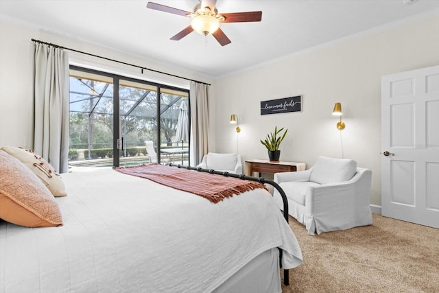 bedroom featuring crown molding, carpet, access to outside, and ceiling fan