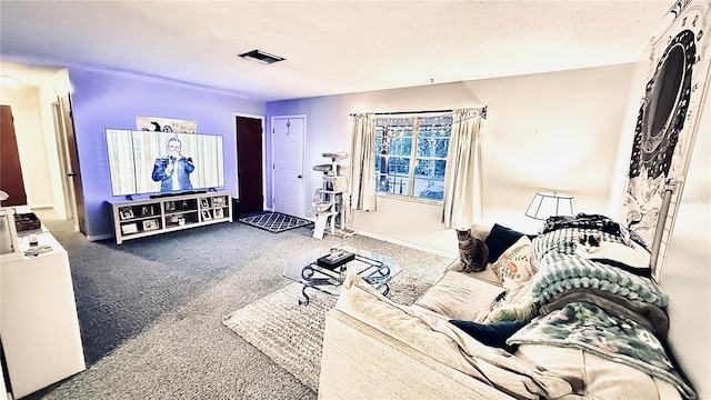 living room with carpet floors and a textured ceiling