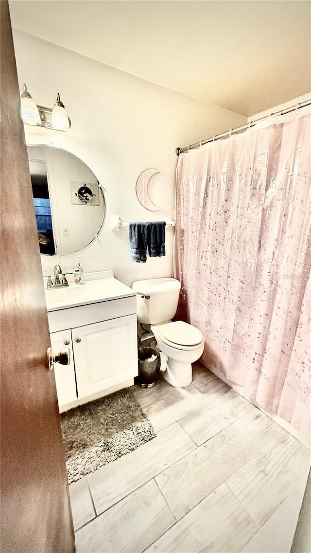 bathroom with vanity, toilet, and wood-type flooring