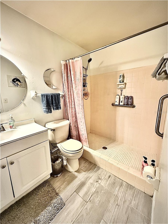 bathroom featuring vanity, curtained shower, and toilet