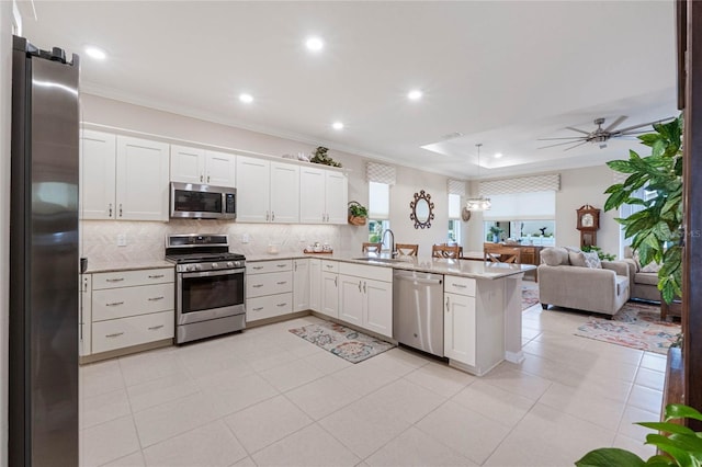 kitchen featuring ornamental molding, stainless steel appliances, kitchen peninsula, and white cabinets