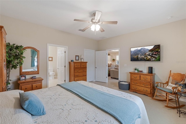 bedroom with connected bathroom and ceiling fan