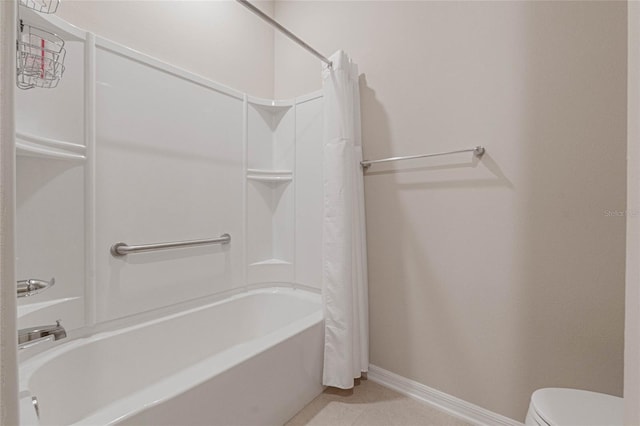 bathroom with tile patterned flooring, toilet, and shower / bath combo with shower curtain