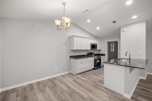 kitchen featuring appliances with stainless steel finishes, pendant lighting, sink, white cabinets, and kitchen peninsula