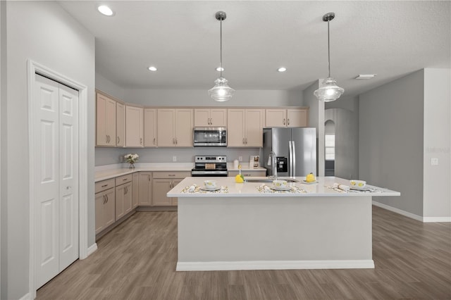 kitchen with appliances with stainless steel finishes, sink, a center island with sink, and light brown cabinets