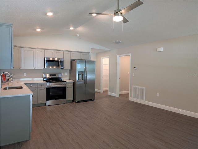 14259 SE 33rd Ter, Summerfield, FL 34491 - kitchen with a sink, light countertops, lofted ceiling, appliances with stainless steel finishes, and visible vents