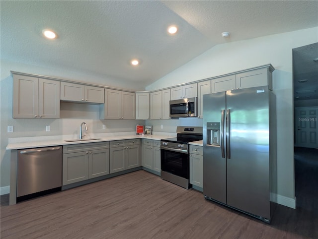 14259 SE 33rd Ter, Summerfield, FL 34491 - kitchen featuring vaulted ceiling, wood finished floors, a sink, gray cabinetry, and appliances with stainless steel finishes