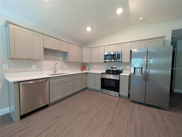 14259 SE 33rd Ter, Summerfield, FL 34491 - kitchen featuring lofted ceiling, a sink, light wood-style floors, gray cabinetry, and appliances with stainless steel finishes