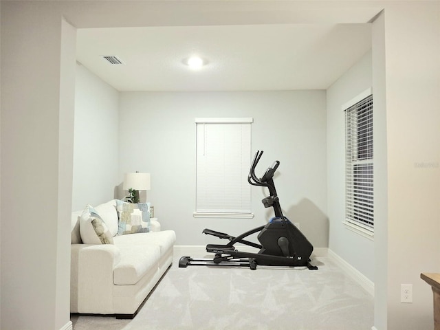 exercise room featuring light carpet