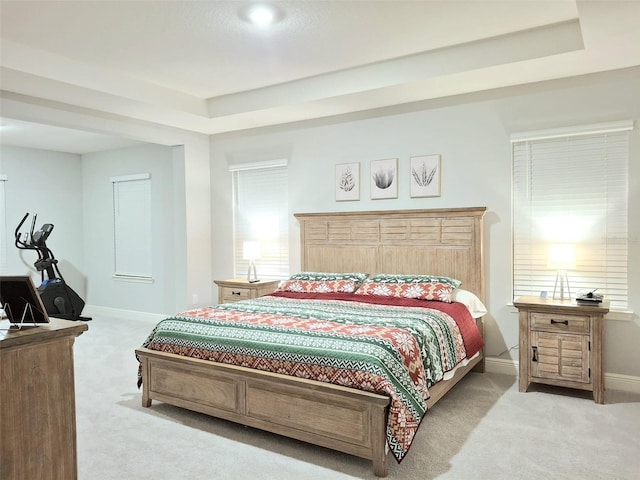 bedroom featuring light colored carpet and a raised ceiling