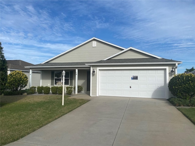 ranch-style home with a porch, a garage, concrete driveway, roof with shingles, and a front yard