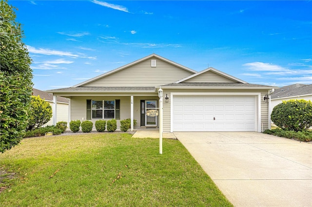 ranch-style house featuring a garage, a front yard, concrete driveway, and a porch