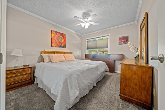 bedroom with ceiling fan, ornamental molding, carpet flooring, and a textured ceiling