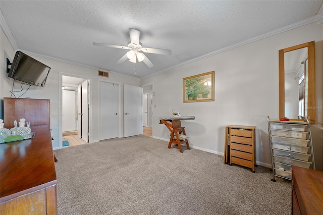 misc room with crown molding, light carpet, and a textured ceiling