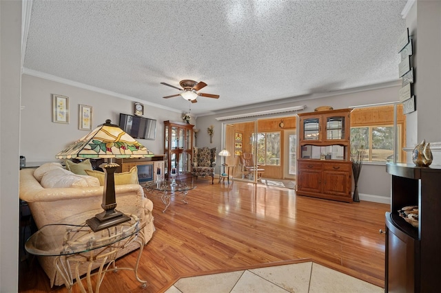 living room featuring crown molding, ceiling fan, wood-type flooring, and a textured ceiling