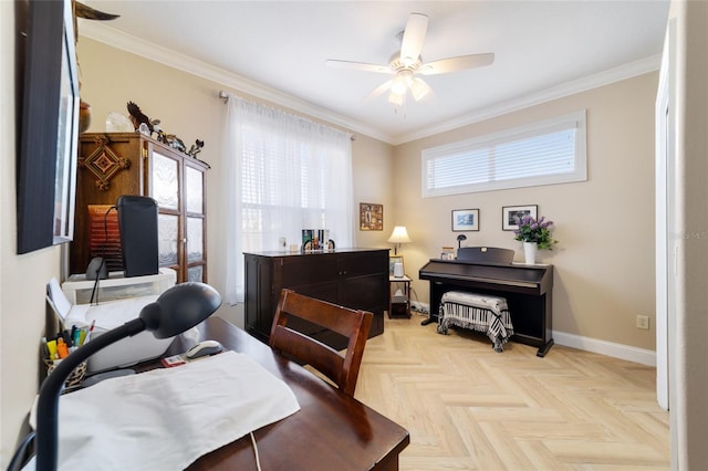 office space featuring ceiling fan, ornamental molding, and light parquet flooring