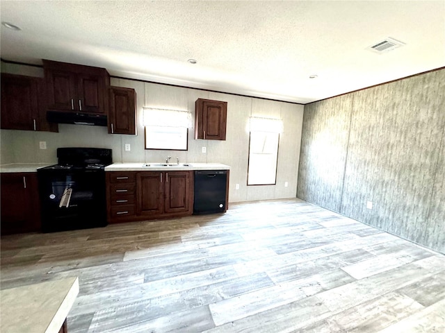 kitchen with dark brown cabinetry, sink, a textured ceiling, light hardwood / wood-style floors, and black appliances