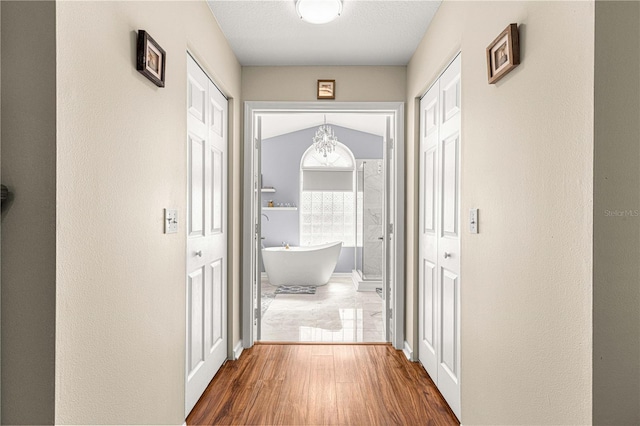 hall with dark hardwood / wood-style floors and vaulted ceiling