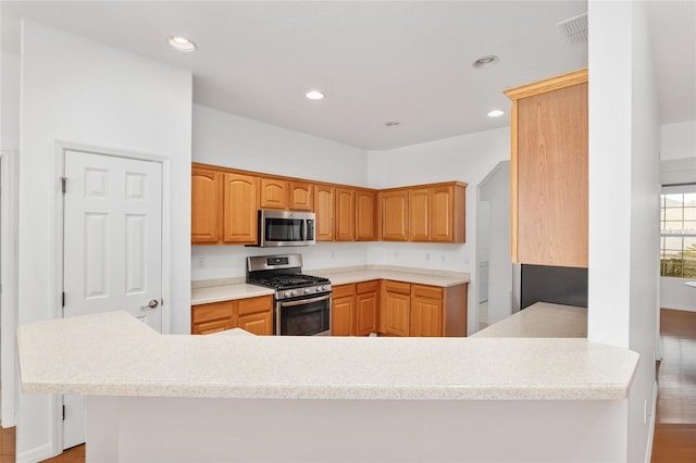 kitchen with stainless steel appliances, kitchen peninsula, and light hardwood / wood-style flooring