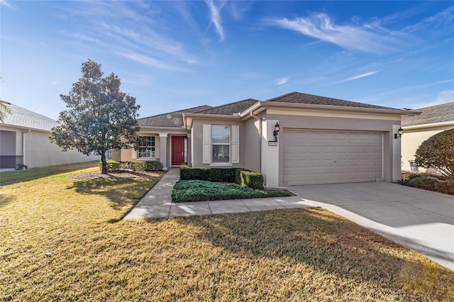 ranch-style house with a garage and a front yard