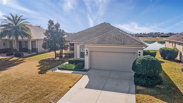 single story home featuring a garage, a water view, and a front lawn