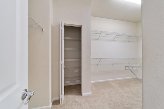 spacious closet featuring light carpet