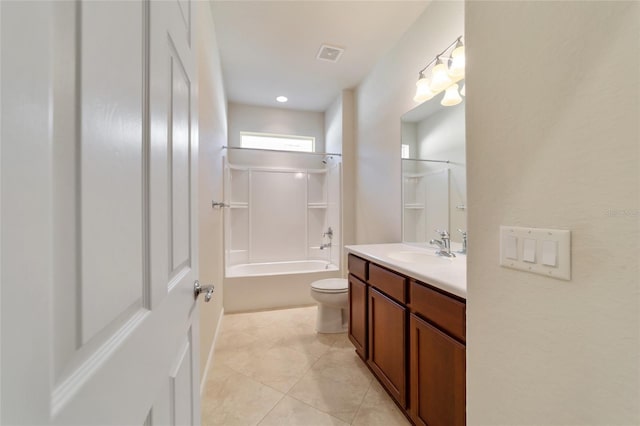 full bathroom with vanity, tile patterned floors, shower / washtub combination, and toilet