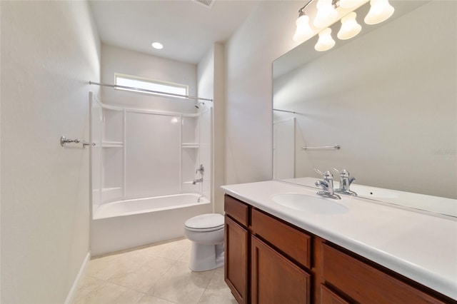 full bathroom with tile patterned flooring, vanity, bathtub / shower combination, and toilet