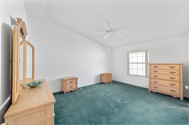 carpeted bedroom with ceiling fan, lofted ceiling, and a textured ceiling