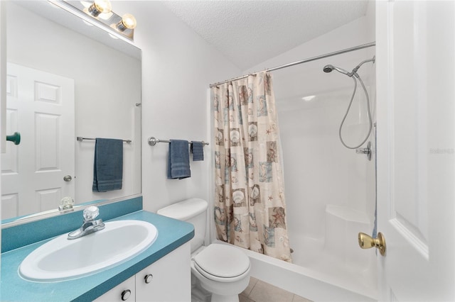 bathroom featuring vanity, curtained shower, vaulted ceiling, and a textured ceiling