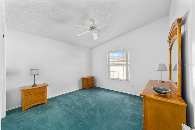 bedroom with ceiling fan, dark carpet, vaulted ceiling, and a textured ceiling