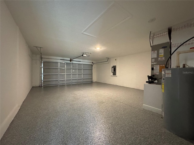 garage featuring gas water heater, electric panel, and a garage door opener