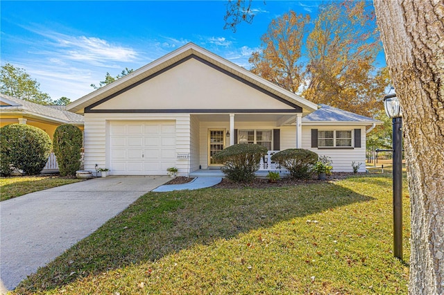 ranch-style home featuring a garage, a front lawn, and a porch