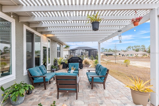 view of patio / terrace with an outdoor living space, a pergola, and a grill