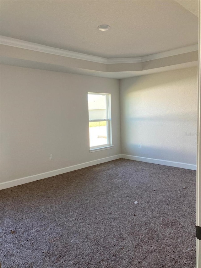 carpeted empty room with ornamental molding and a tray ceiling