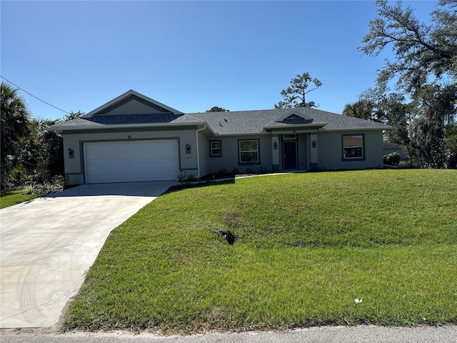 ranch-style home with a garage, concrete driveway, a front lawn, and stucco siding